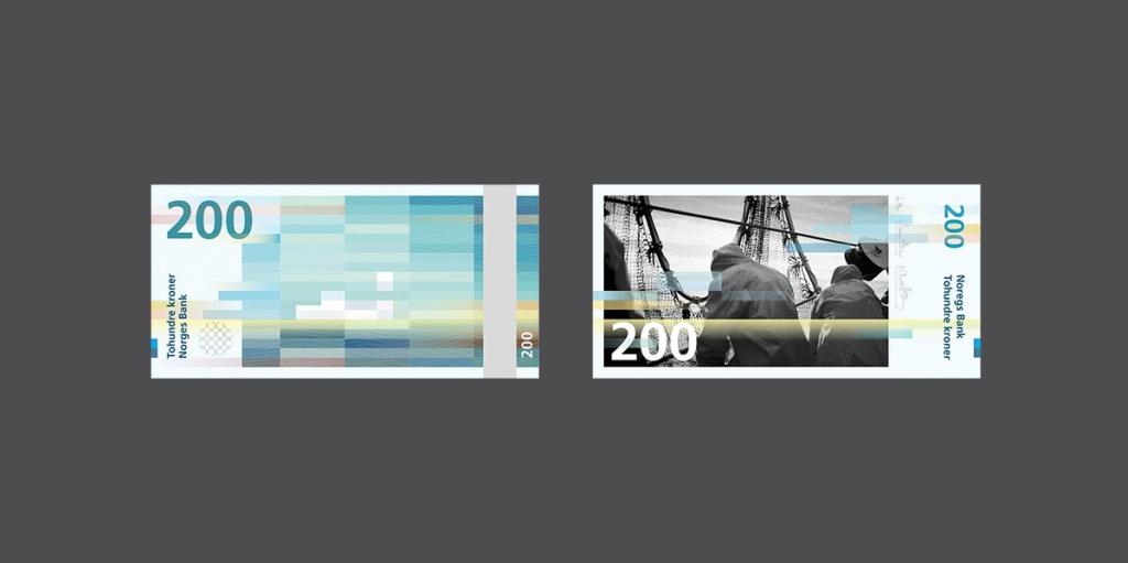 Snøhetta's 200-krone banknote: pixelated maritime abstraction and a black-and-white photograph of sailors