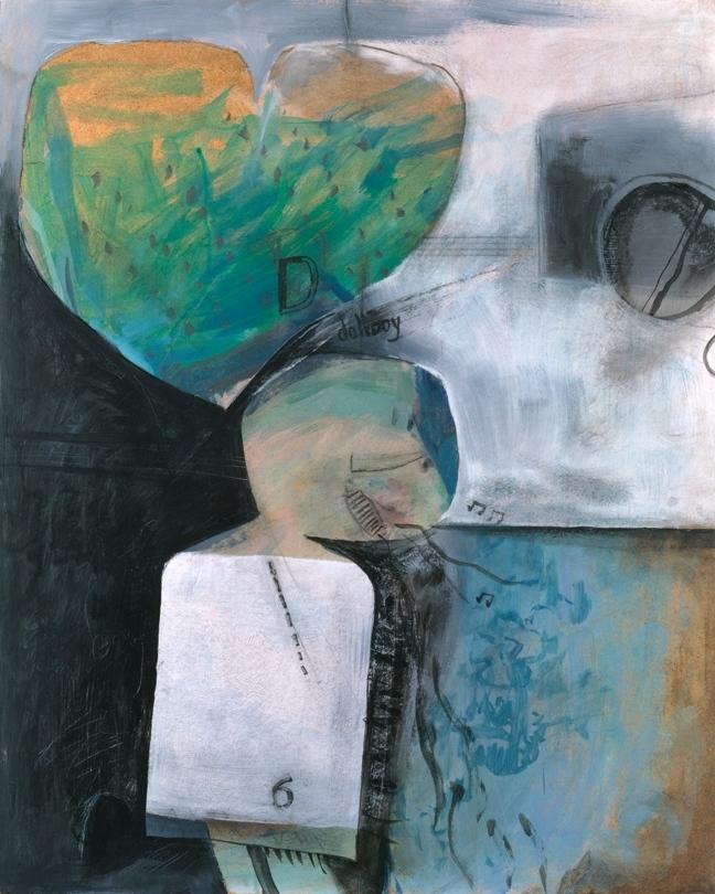 An abstract painting by Hockney with a green patch, black forms and fragments of text