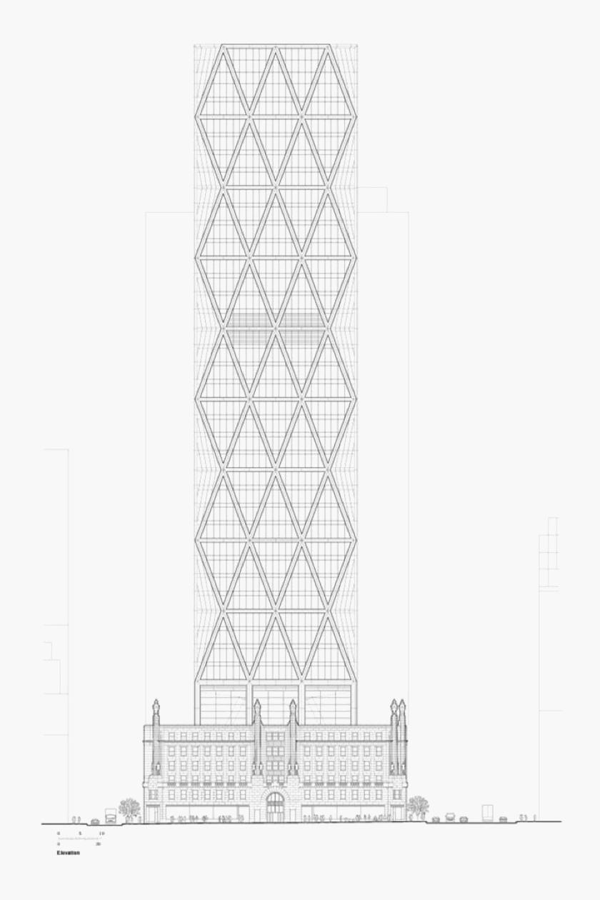 Facade drawing of the Hearst Tower showing the triangular grid rising above the preserved stone podium