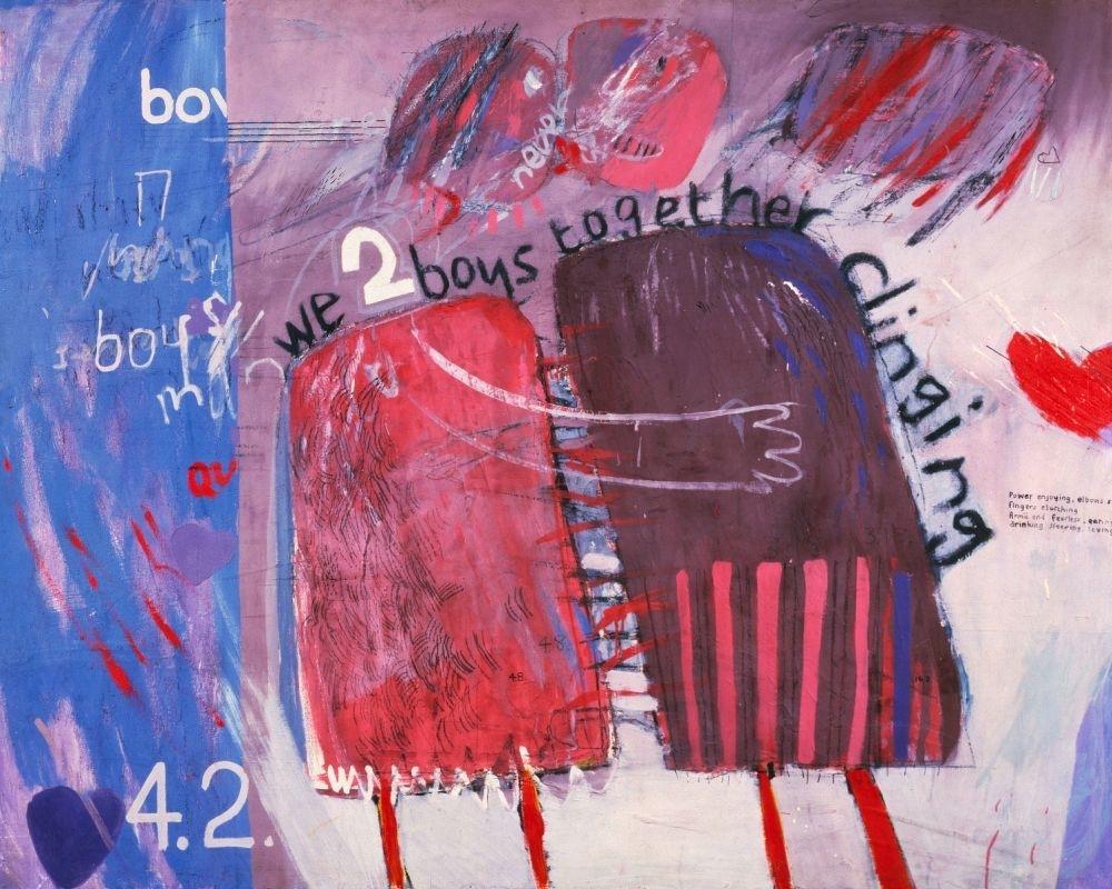 A Hockney painting inscribed with the words we 2 boys together clinging and featuring two pink figures