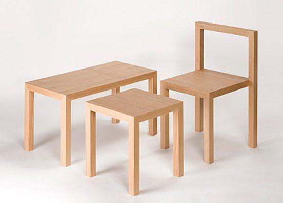 Minimalist light-wood furniture set: table, stool and chair