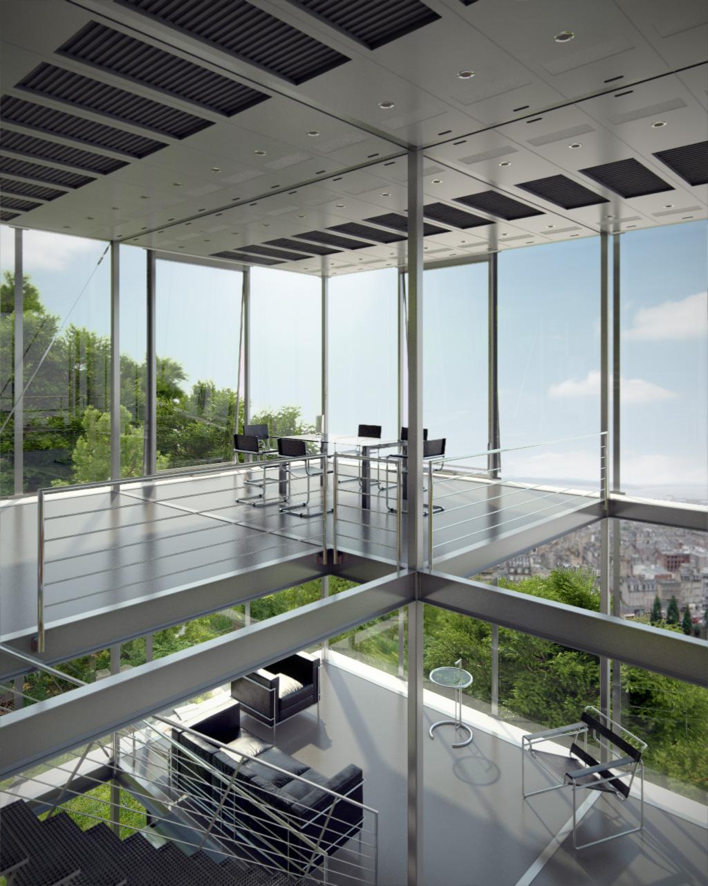 Overhead view of the floors of house R-128, with a dining set and a panorama of the city