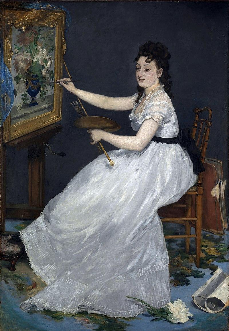 Portrait of the artist Eva Gonzalès in a white dress, seated at an easel with a palette and brush