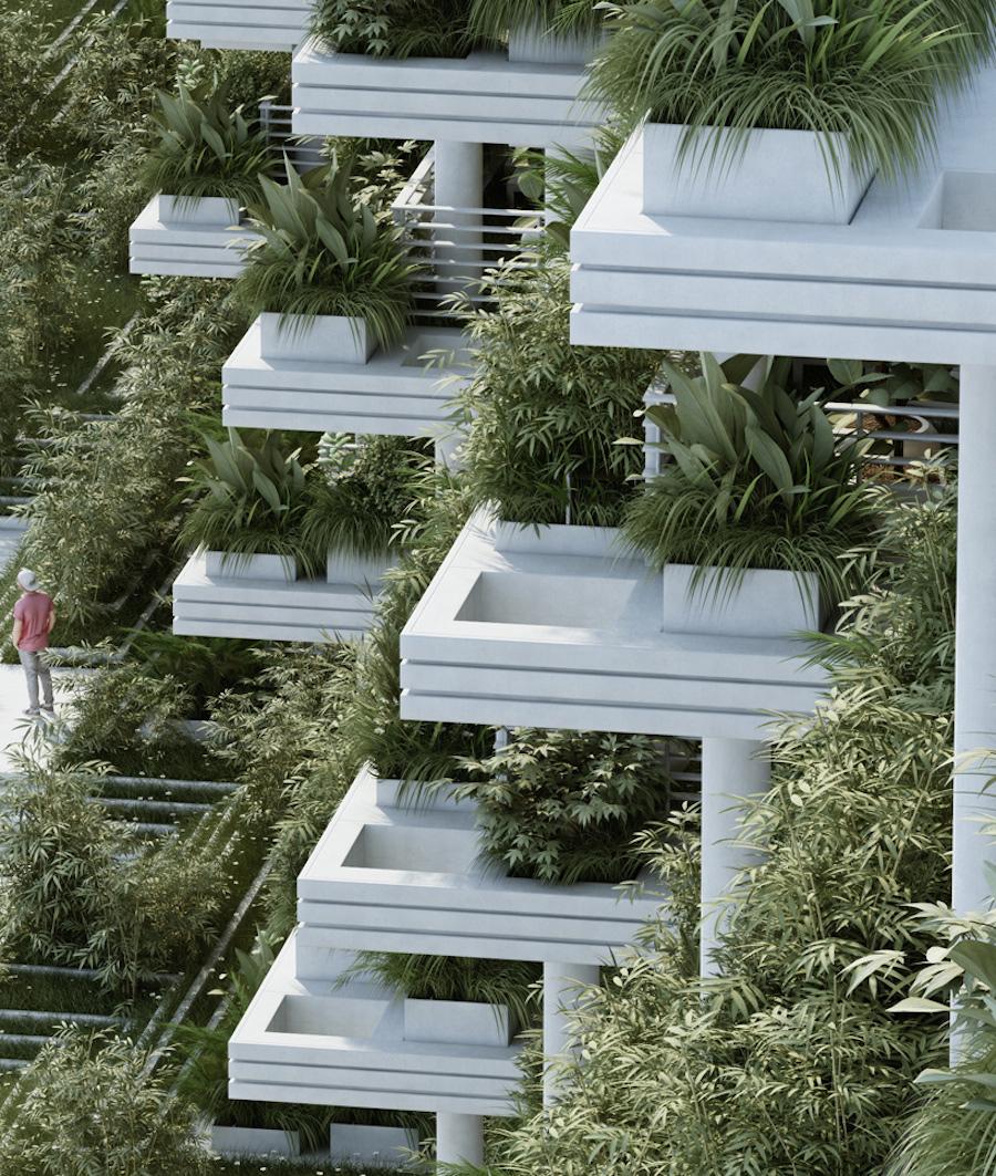 A white residential building with a cascade of planted balconies, a figure standing at its base