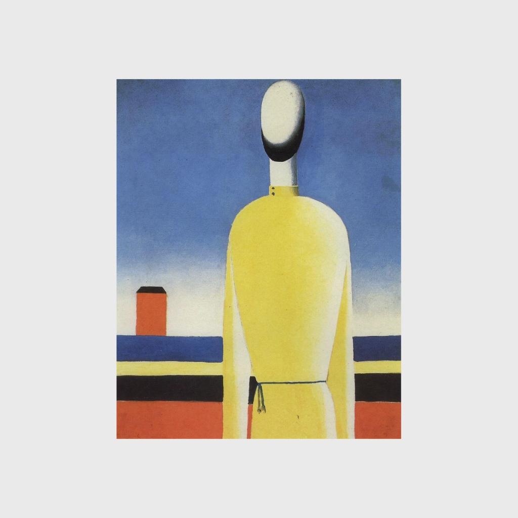 Late painting Complex Presentiment: a yellow faceless figure against a backdrop of houses and a blue sky