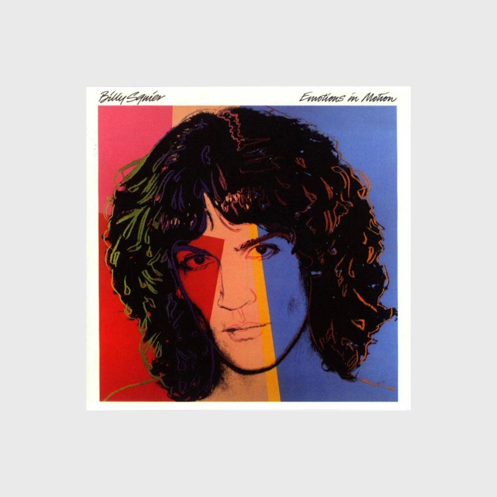 The Billy Squier Emotions in Motion album cover with a portrait of the musician against a coloured background
