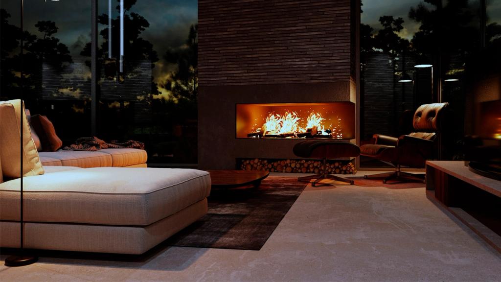 Evening living room with a long lit fireplace, a light-coloured sofa and a leather armchair — visualisation