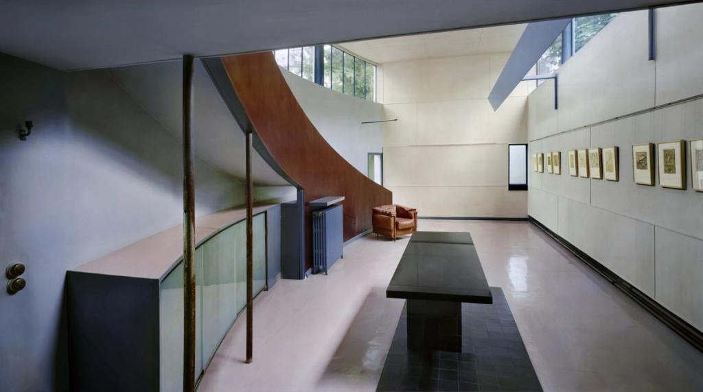 Interior of Villa La Roche, the curved gallery ramp and drawings hung on the walls