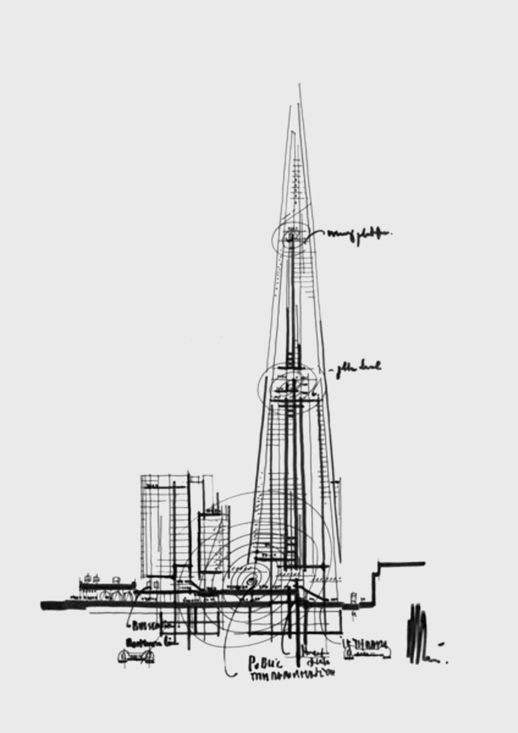 Renzo Piano's sketch showing the structure of The Shard's pointed tower