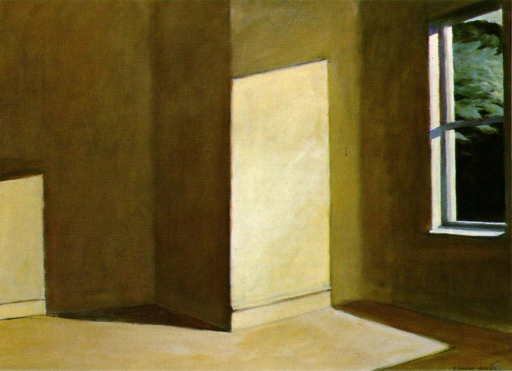 Hopper's Sun in an Empty Room: bands of light on the walls beside a window framed by greenery