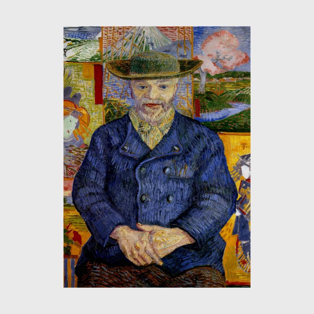 Vincent van Gogh's painting Portrait of Père Tanguy: a bearded man in a hat against a background of Japanese prints
