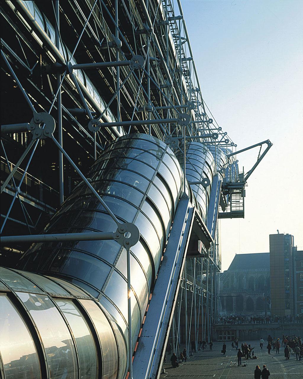 The facade of the Centre Pompidou in Paris, with its external pipes and glazed escalator tube
