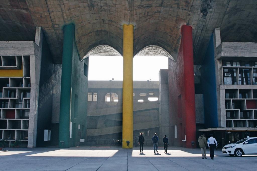 The Supreme Court building in Chandigarh, with green, yellow and red columns framing the entrance portal
