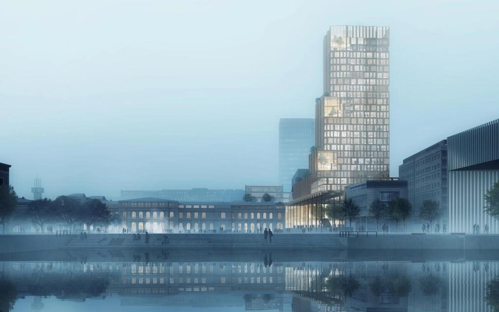 Render of the Nordisk Lys tower in mist by the water, with a reflection in the river