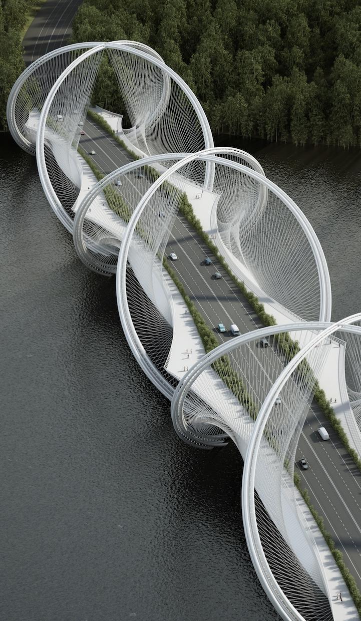 San Shan Bridge in China with intertwining white rings spanning a highway and river, aerial view