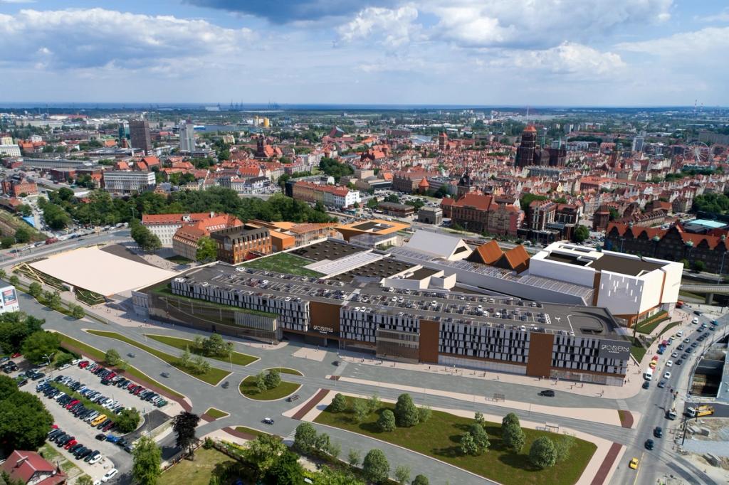 The Forum Gdansk shopping centre seen from the air against the backdrop of Gdańsk's historic centre