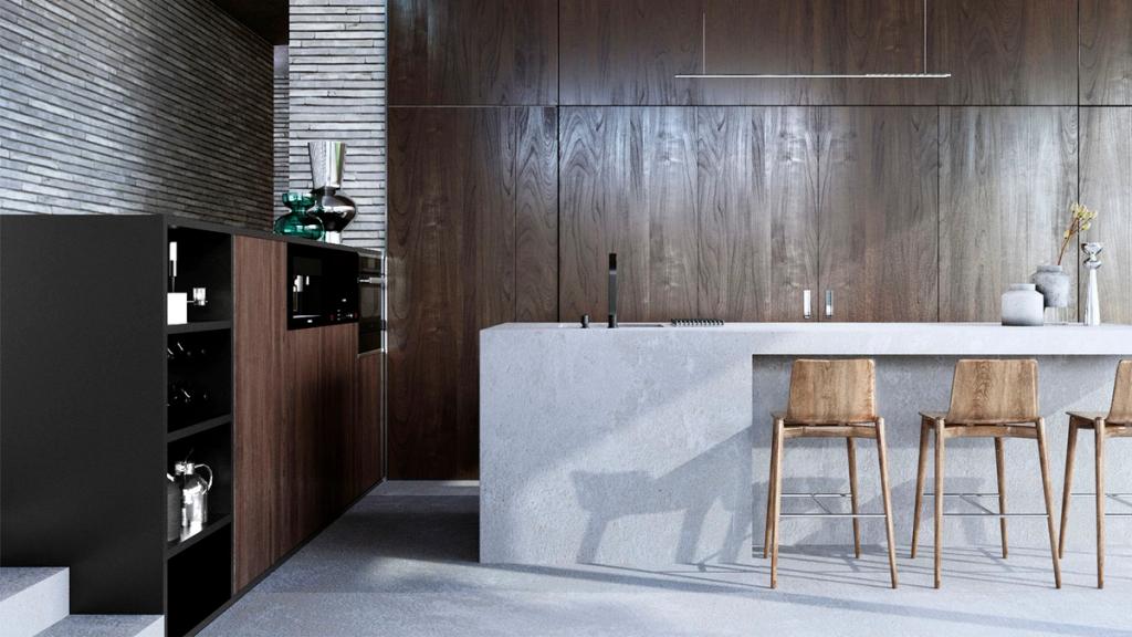 Kitchen with timber-fronted cabinetry and a concrete island with bar stools — visualisation