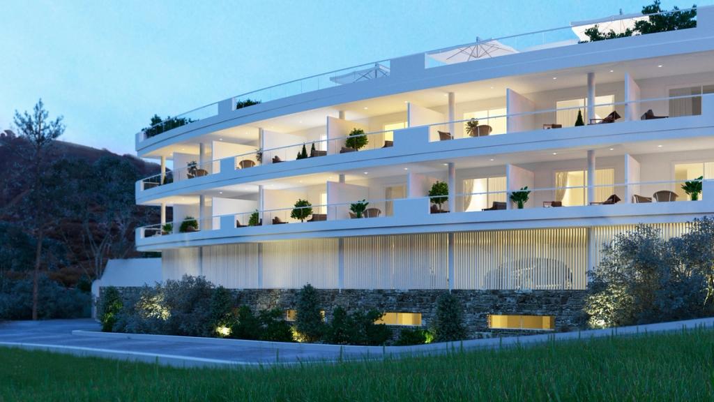 A white multi-level building with tiered balconies and planting on a hillside at dusk, visualisation