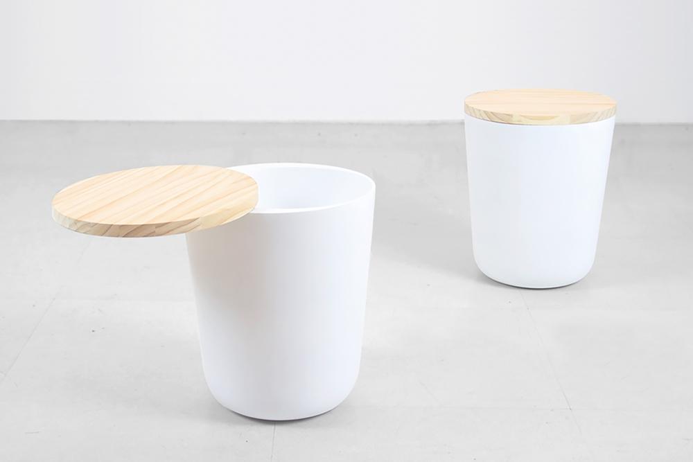 Two white container tables with removable wooden lids