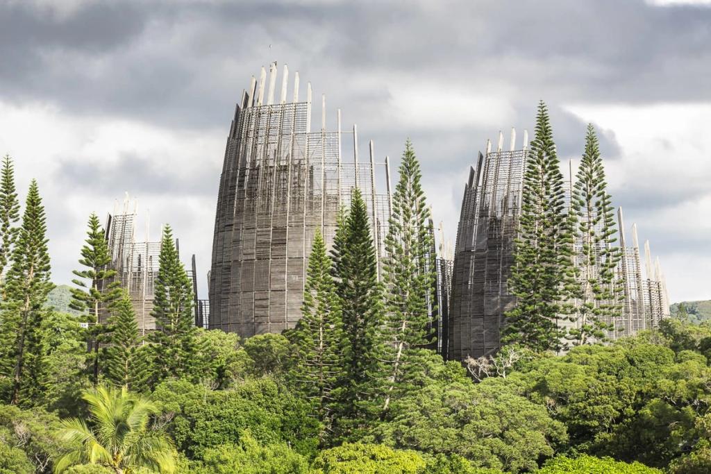 The wooden shell-shaped towers of the Jean-Marie Tjibaou Cultural Centre amid tropical greenery