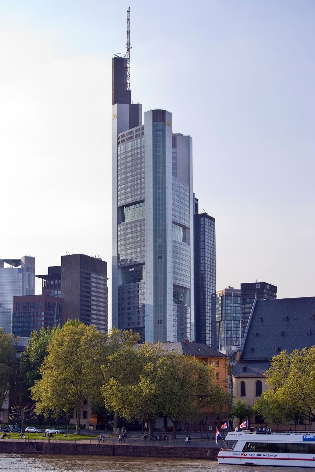 The Commerzbank Tower in Frankfurt above the River Main in the city panorama