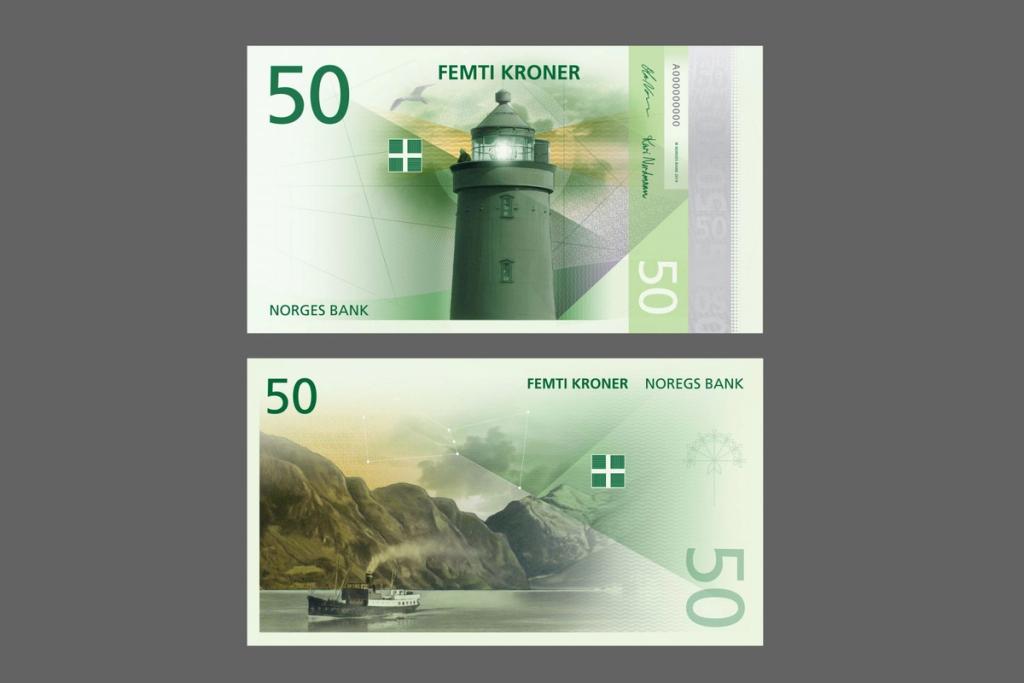 The Metric System's 50-krone note, featuring a lighthouse and a steamship in a fjord