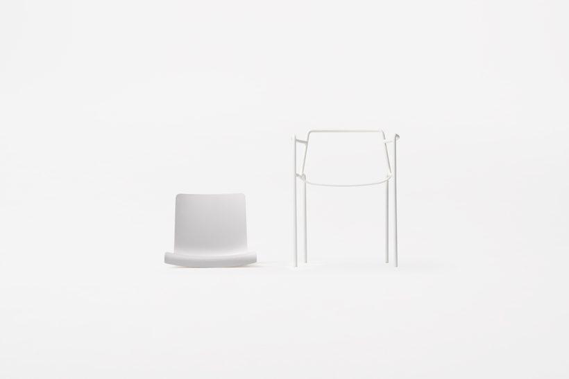 A white plastic seat and a separate slender wire chair frame