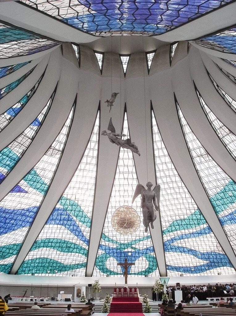 Interior of Brasília Cathedral, the stained-glass dome with hovering angels