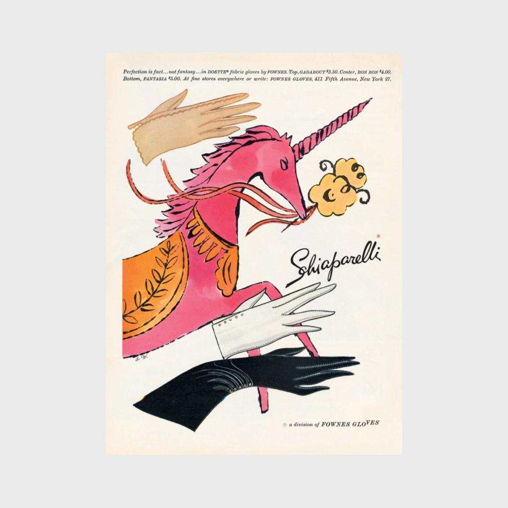 An advertising spread for Fownes gloves featuring a pink unicorn and a Schiaparelli caption