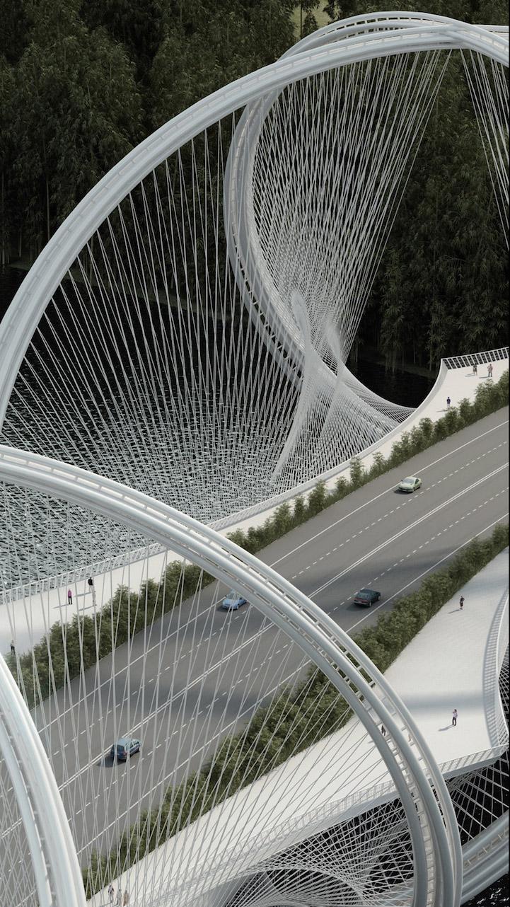 Close-up of the San Shan Bridge rings with slender cables over a multi-lane road