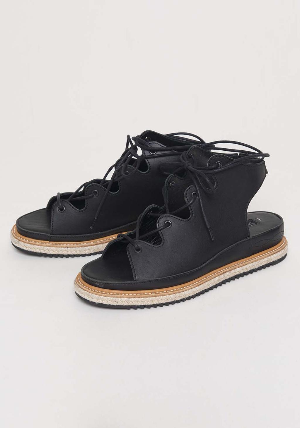 Black lace-up leather sandals with a jute-trimmed sole