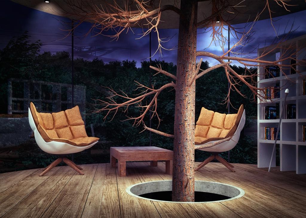 Interior of the house with two armchairs around a tree growing through the floor