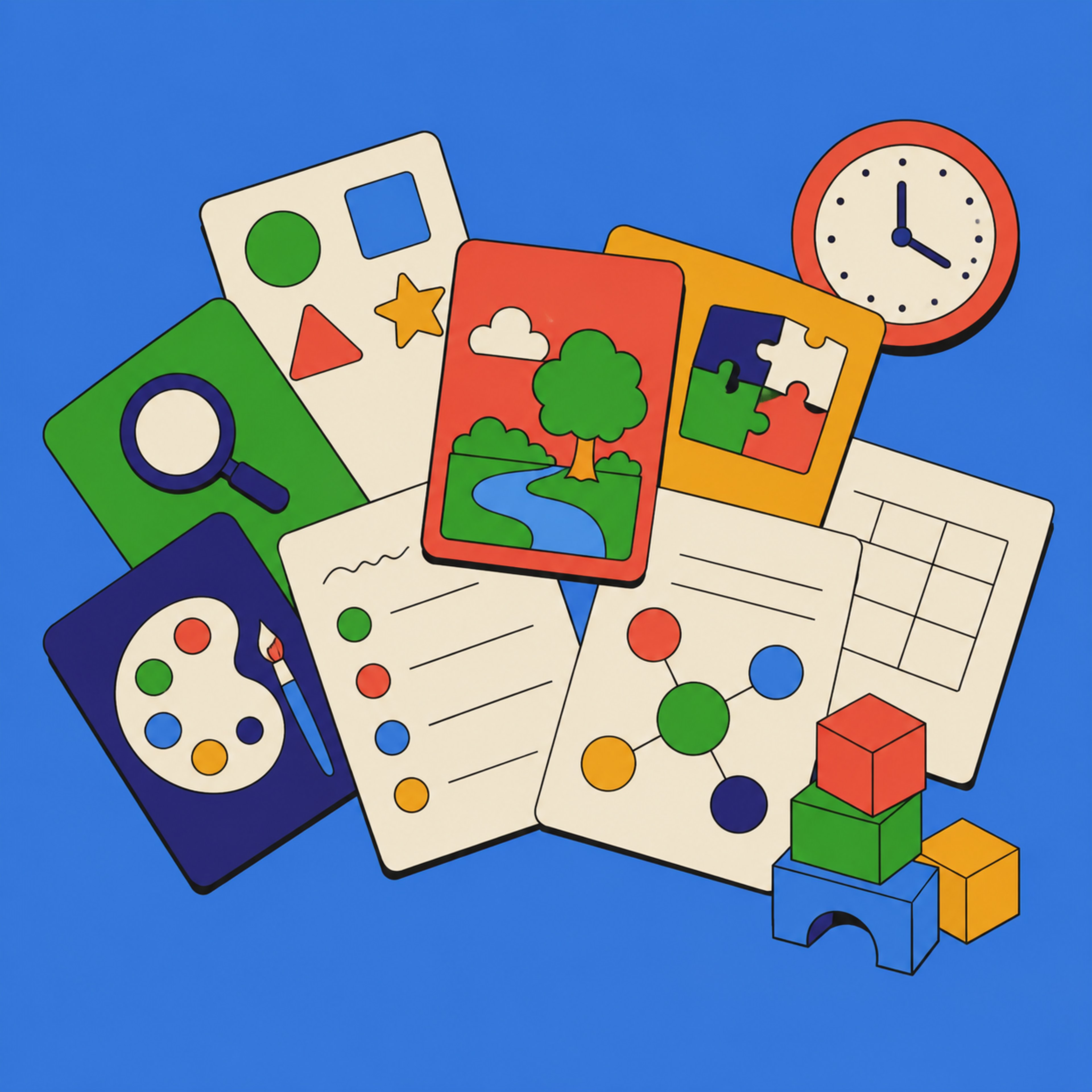 Classroom activity cards, worksheets, a clock and building blocks, representing quickly generating ready-to-use lesson activities.
