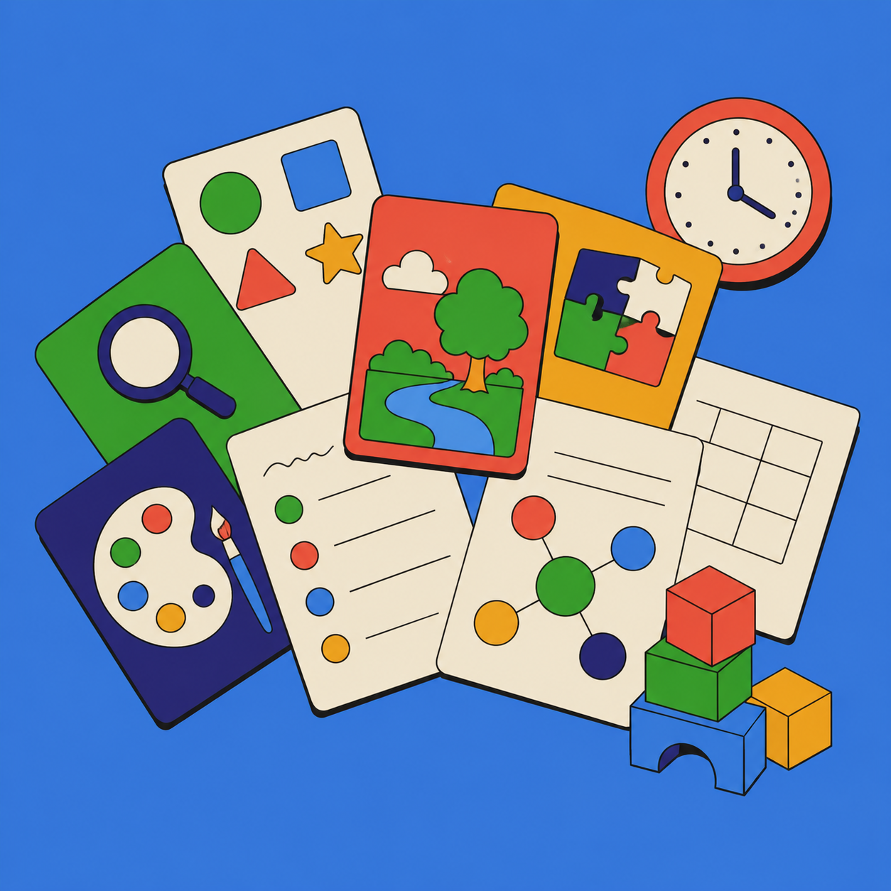 Classroom activity cards, worksheets, a clock and building blocks, representing quickly generating ready-to-use lesson activities.