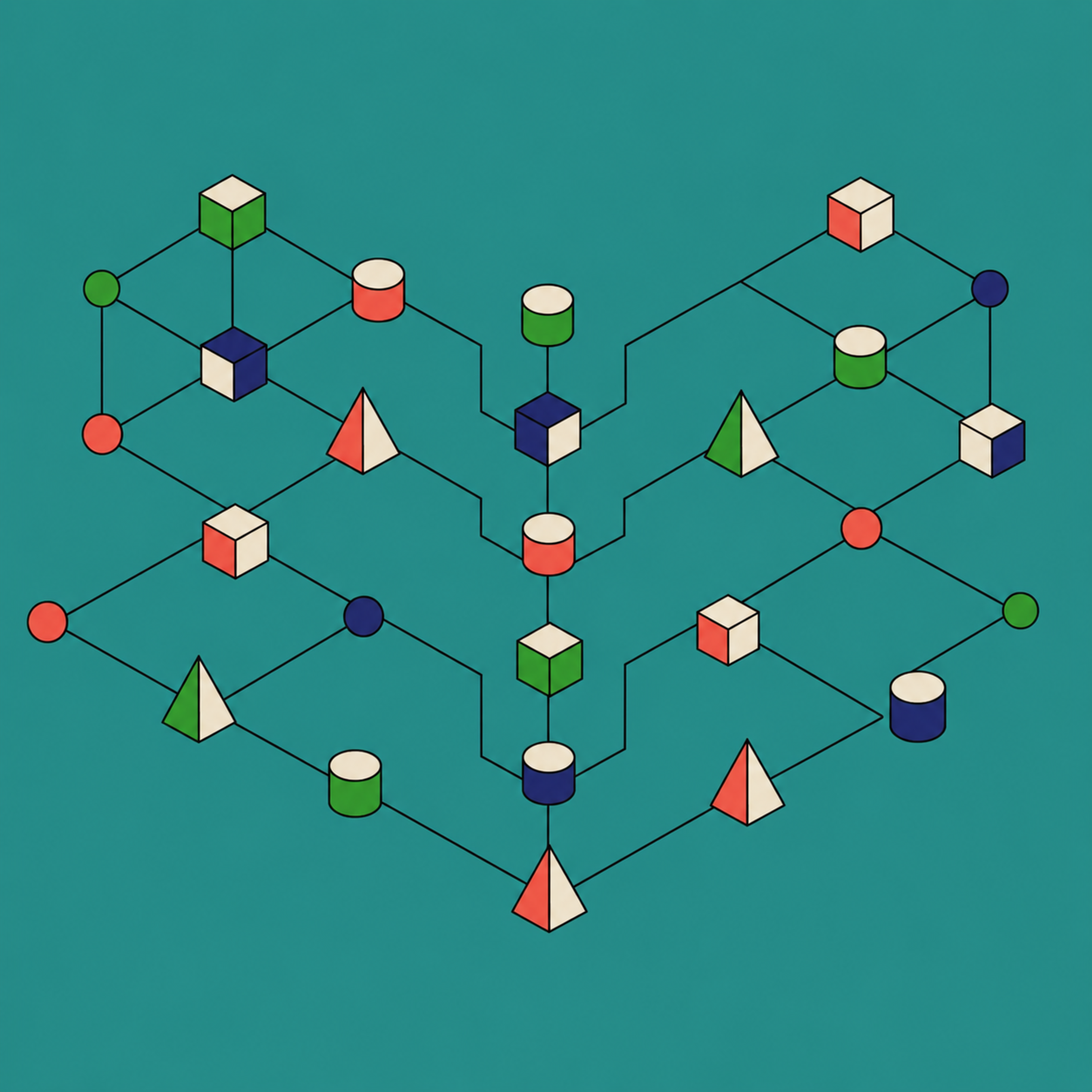 Isometric network of geometric nodes converging toward a shared center, representing comparing Portrait of a Graduate mappings against XQ Competencies.