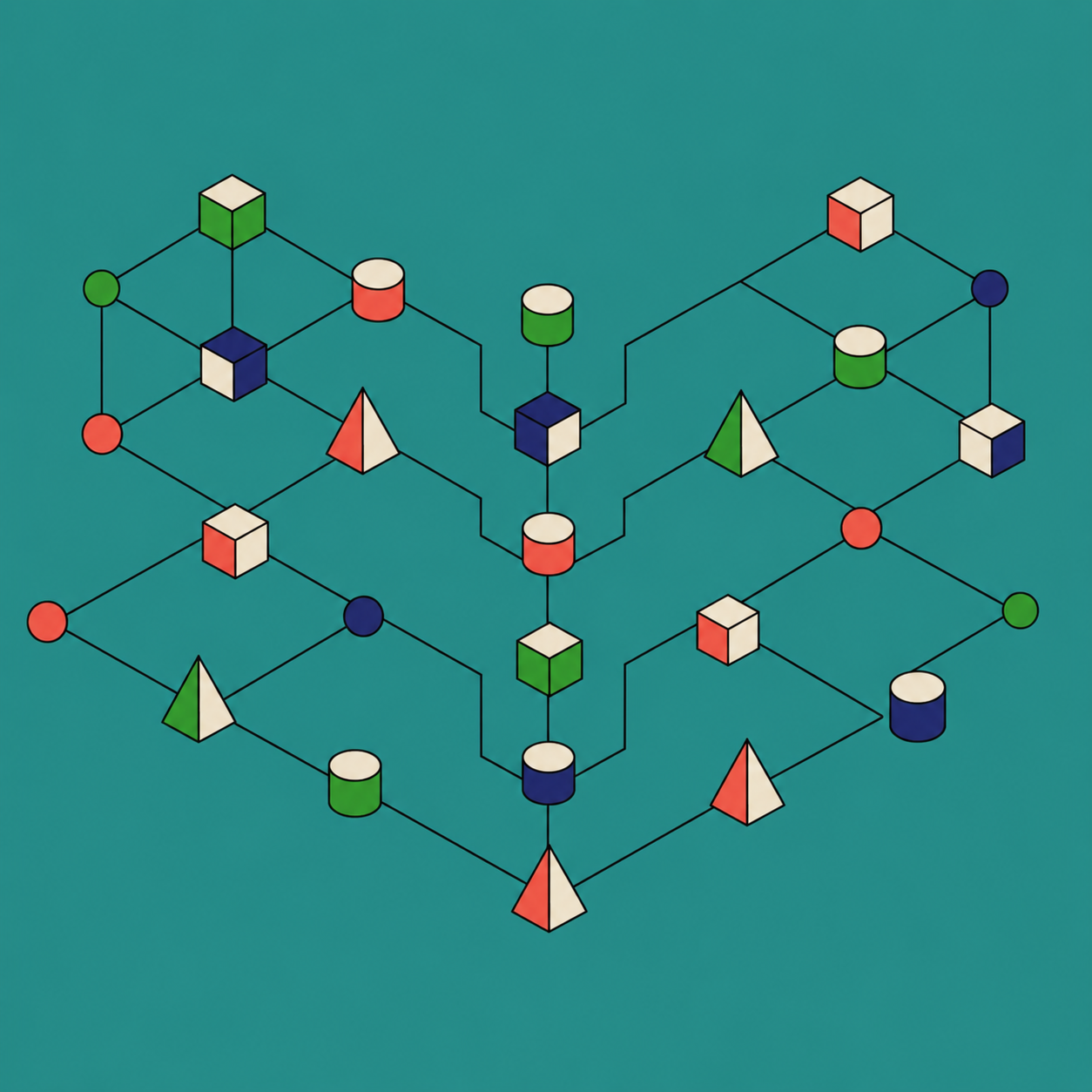 Isometric network of geometric nodes converging toward a shared center, representing comparing Portrait of a Graduate mappings against XQ Competencies.
