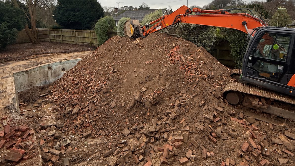 Tracked excavator working a mound of brick rubble and soil during site clearance in Portsmouth.