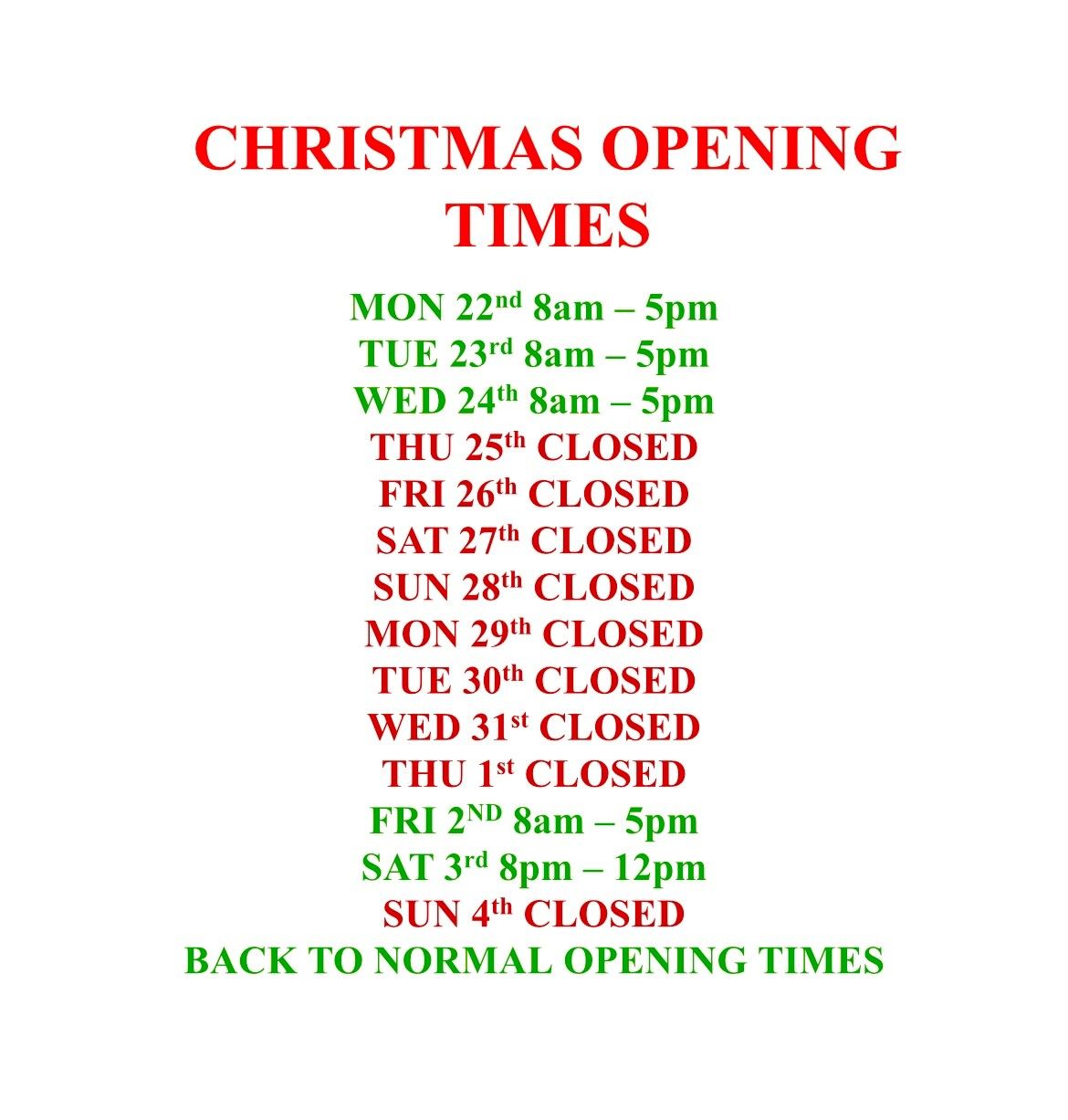 CHRISTMAS OPENING TIMES!