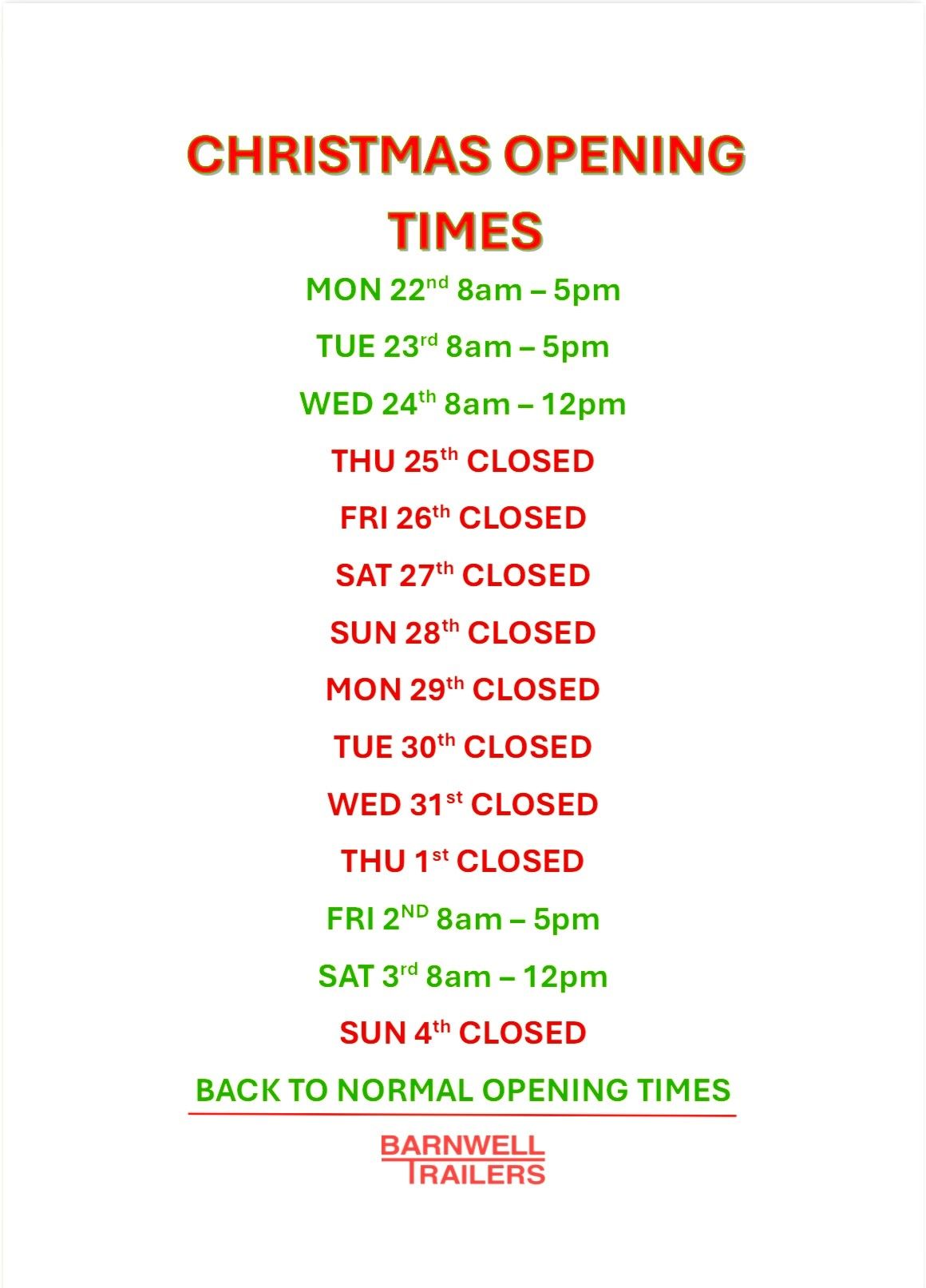 CHRISTMAS OPENING TIMES