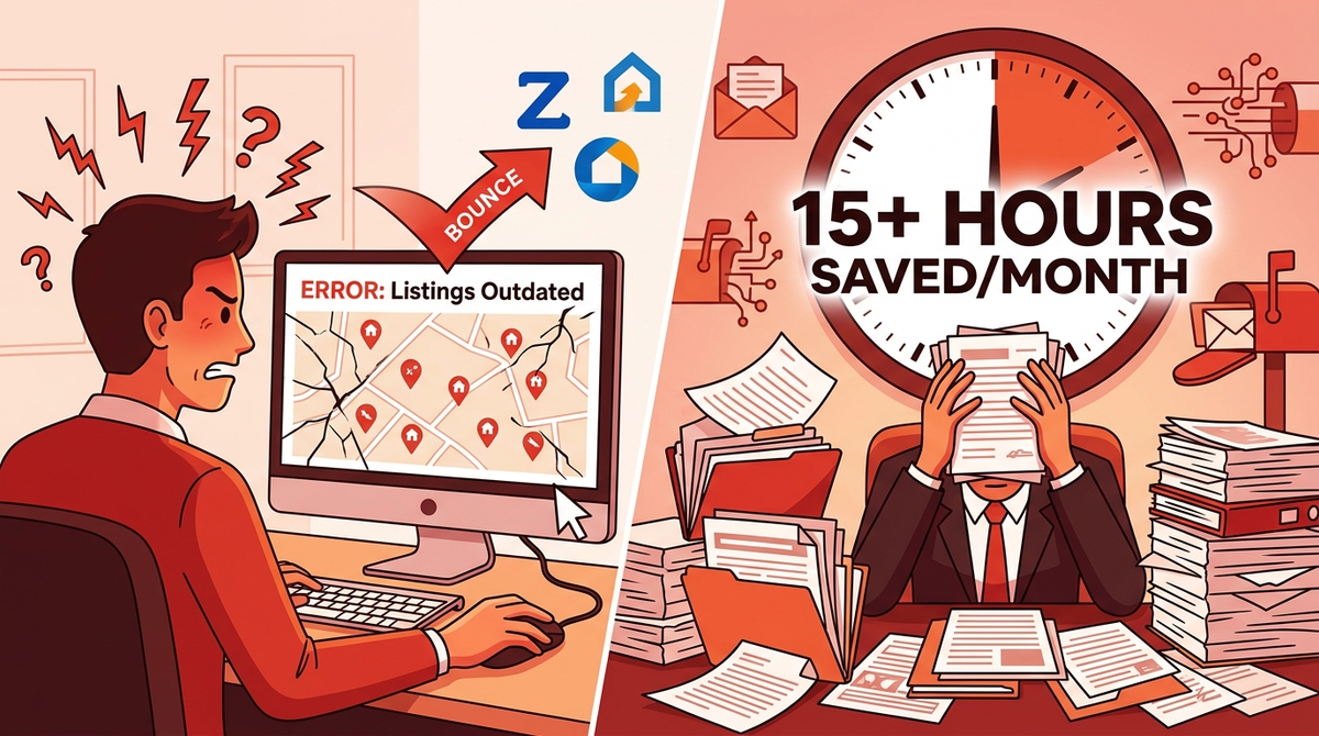 an infographic illustrating the problem of static real estate websites: frustrated users bouncing from a broken listing map and data entry on a clock, losing leads to other sites.