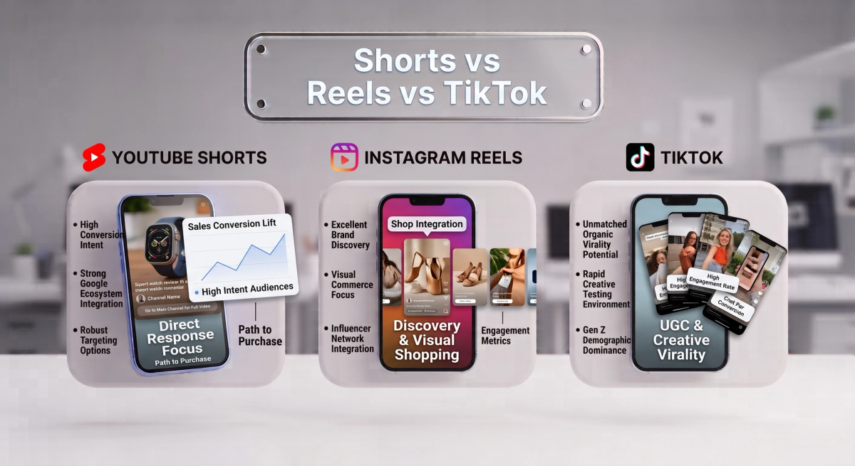 Comparison chart of YouTube Shorts, Instagram Reels, and TikTok for performance marketing