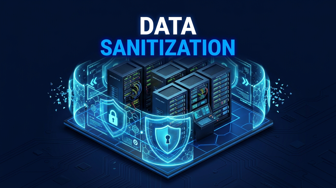 Isometric server tower with protective holograms, text 'DATA SANITIZATION'.