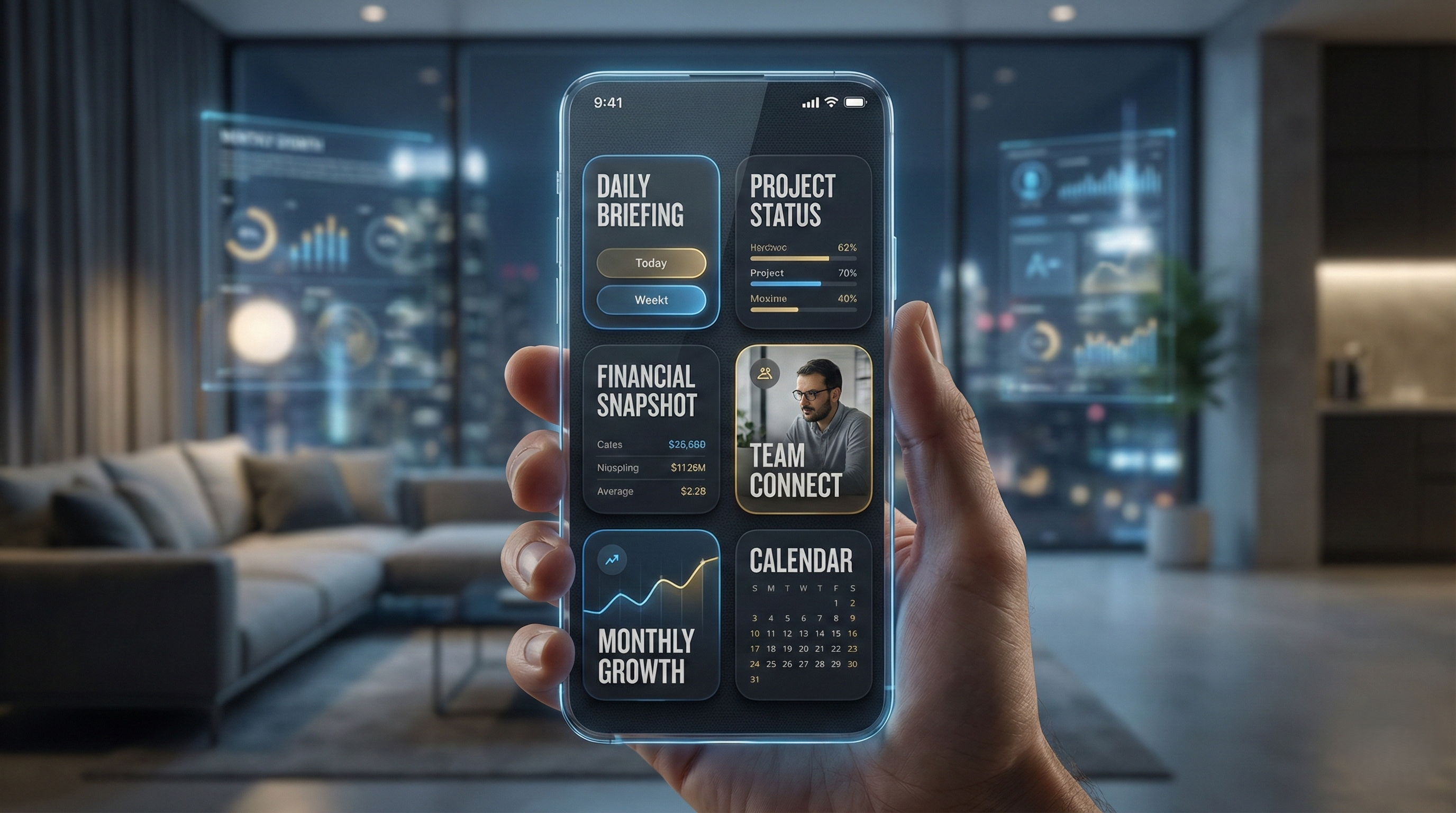 A close-up photograph of a hand holding a futuristic smartphone with a glowing blue edge. The screen displays an elegant dark mode mobile dashboard with a 'Bento Box' layout. It features distinct rectangular panels with bold typography and blue and orange accents: 'DAILY BRIEFING' with 'Today' and 'Week' buttons; 'PROJECT STATUS' with progress bars for 'Nibloc,' 'Project,' and 'Mouime'; 'FINANCIAL SNAPSHOT' with financial data; 'TEAM CONNECT' showing a photo of a man with glasses; 'MONTHLY GROWTH' with an upward-trending line graph; and a 'CALENDAR' displaying the current month. The background is a blurred, modern luxury apartment at night with city lights and transparent holographic data displays.