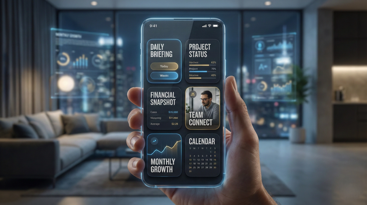 A close-up photograph of a hand holding a futuristic smartphone with a glowing blue edge. The screen displays an elegant dark mode mobile dashboard with a 'Bento Box' layout. It features distinct rectangular panels with bold typography and blue and orange accents: 'DAILY BRIEFING' with 'Today' and 'Week' buttons; 'PROJECT STATUS' with progress bars for 'Nibloc,' 'Project,' and 'Mouime'; 'FINANCIAL SNAPSHOT' with financial data; 'TEAM CONNECT' showing a photo of a man with glasses; 'MONTHLY GROWTH' with an upward-trending line graph; and a 'CALENDAR' displaying the current month. The background is a blurred, modern luxury apartment at night with city lights and transparent holographic data displays.