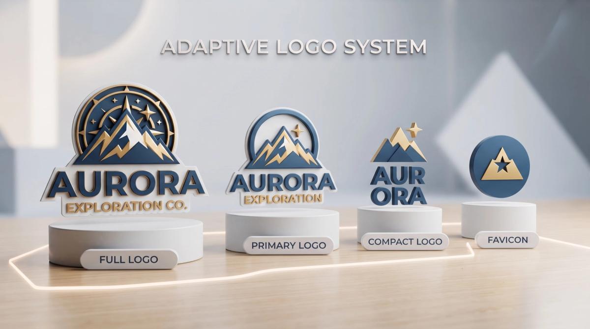 Adaptive logo system showing full, primary, compact and favicon versions of one logo