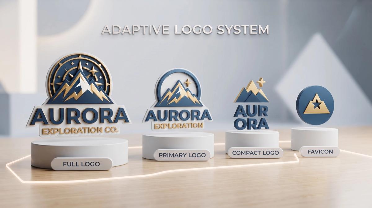 Adaptive logo system showing full, primary, compact and favicon versions of one logo