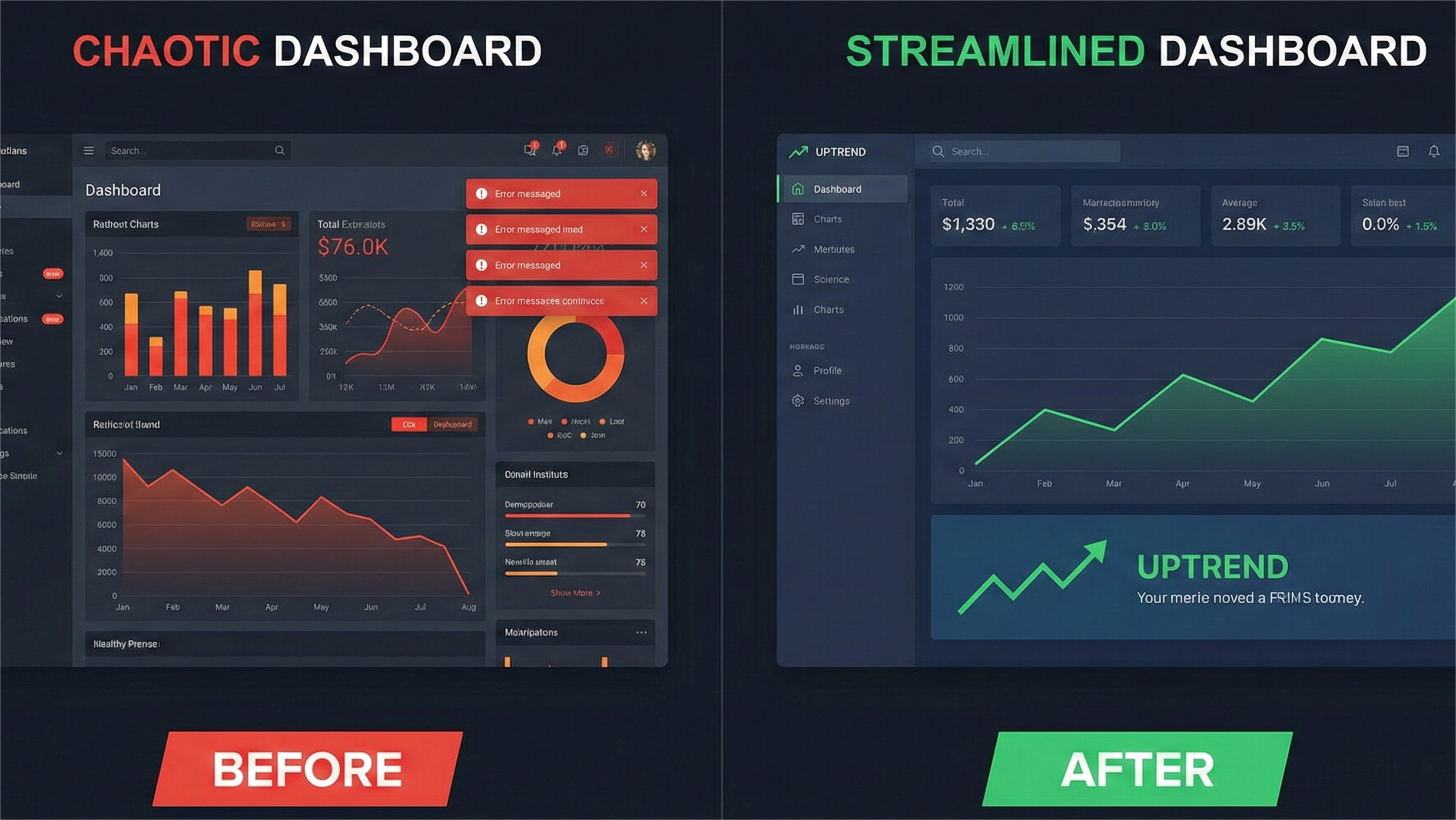 A split-screen comparison titled "CHAOTIC DASHBOARD" on the left with a "BEFORE" label in red, and "STREAMLINED DASHBOARD" on the right with an "AFTER" label in green. The "Before" dashboard is cluttered with red error messages, complex navigation, and downward trend graphs. The "After" dashboard is clean and minimalist, featuring clear metrics, a prominent upward trend line graph, and a large "UPTREND" arrow, indicating positive growth.