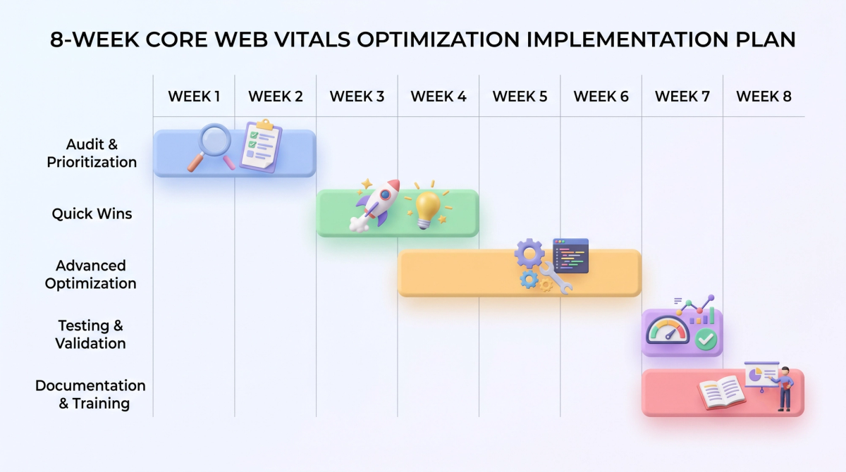Eight-week Gantt chart showing optimization phases: audit, quick wins, advanced optimization, testing, and documentation with team milestones