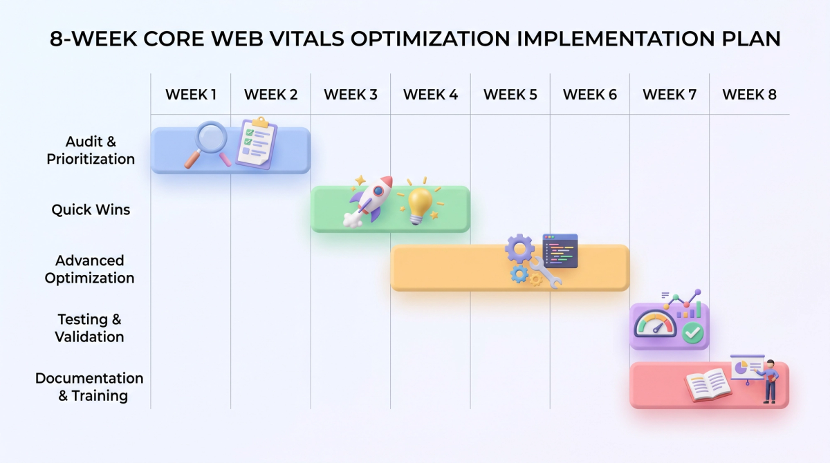Eight-week Gantt chart showing optimization phases: audit, quick wins, advanced optimization, testing, and documentation with team milestones