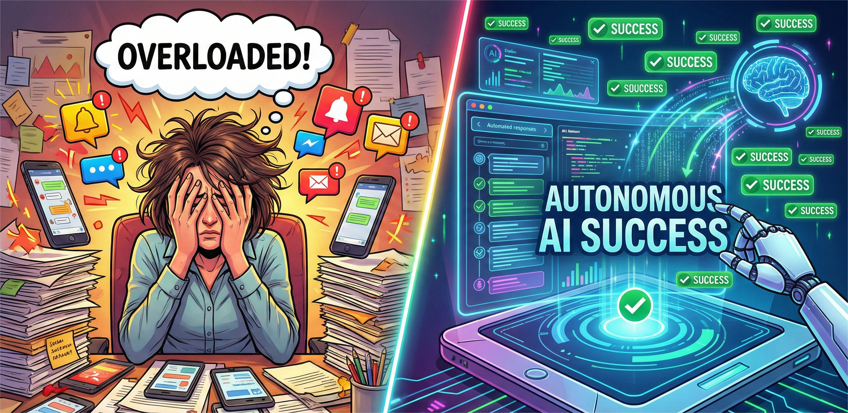 A split-screen cartoon illustration comparing two scenarios. On the left, a stressed person with disheveled hair and a thought bubble reading "OVERLOADED!" is buried under piles of paperwork and constantly ringing notifications. On the right, a futuristic, glowing interface with the text "AUTONOMOUS AI SUCCESS" is shown, with a robotic hand and brain icon surrounded by numerous green "SUCCESS" checkmarks, symbolizing efficiency and automation.
